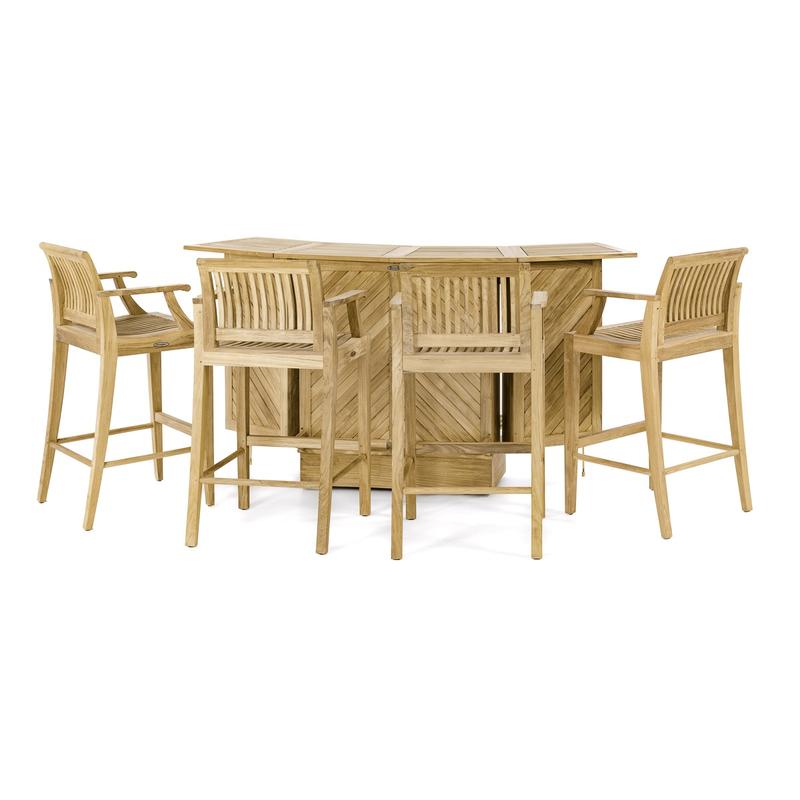 alt="70718 Laguna Somerset 5 piece teak bar Set front view of bar opened with rear view of barstools on white background"
