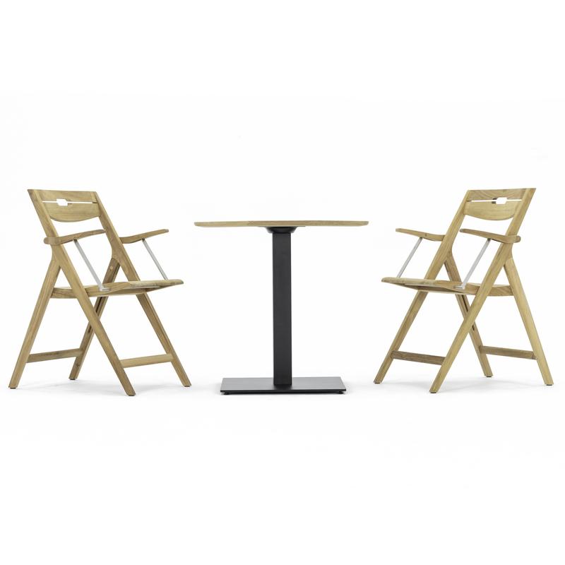alt="70221 Surf 3 pc Bistro Set of Vogue 30 inch Round Table and 2 Surf Folding Dining Arm Chairs side view on white background"