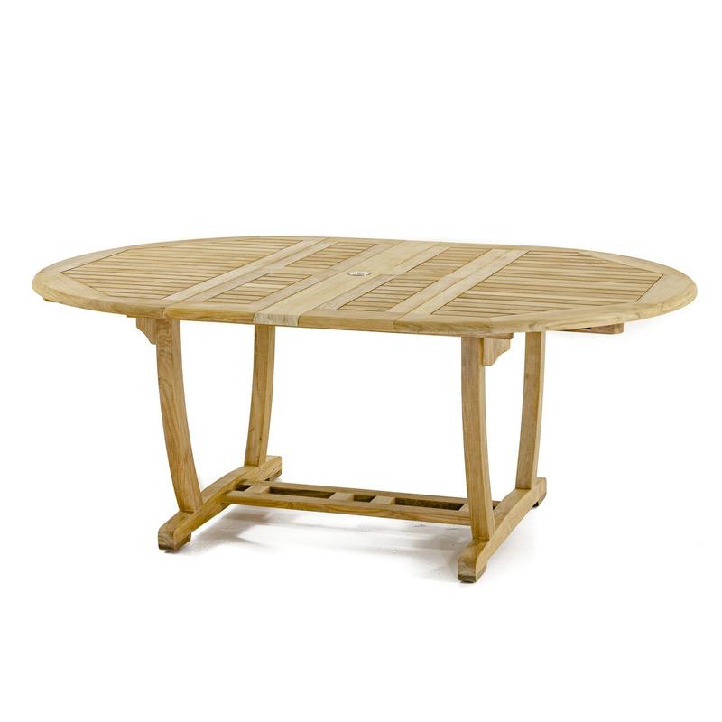alt="70078 Martinique teak oval extendable dining table side profile on white background"