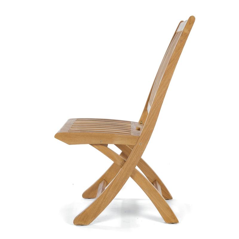 alt="70018 Buckingham Barbuda folding teak side chair side profile on white background"