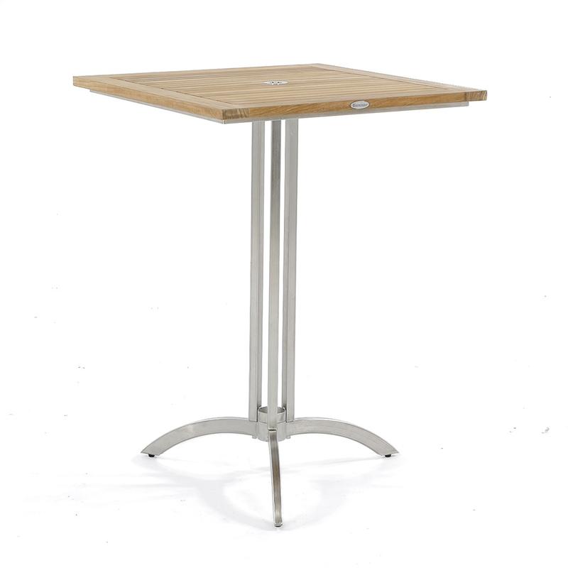 alt="70638 Vogue teak and stainless steel 36 inch square bar table corner angled view on white background"