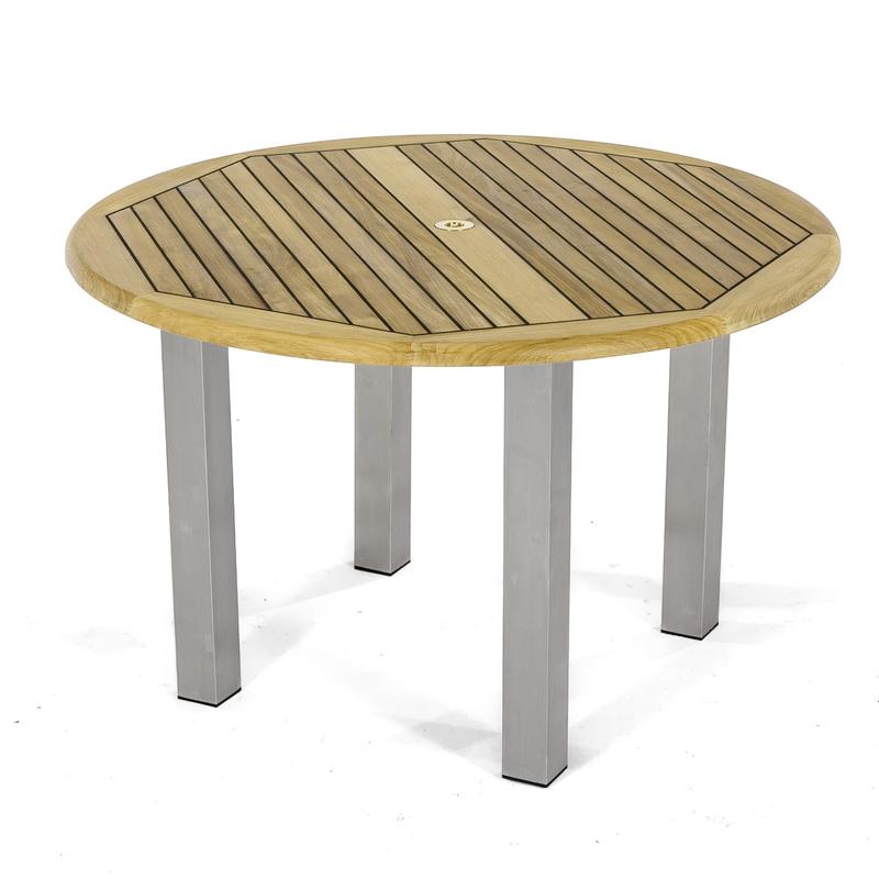 alt="70625 Vogue teak and stainless steel Round 48 inch diameter dining table top angled on white background"
