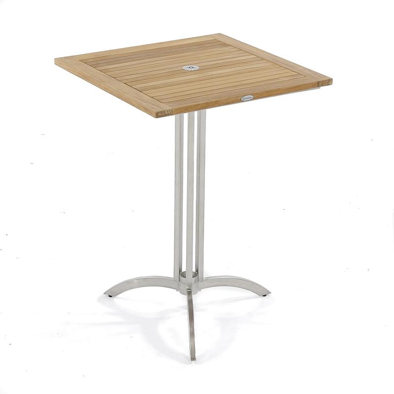 alt="70638 Vogue teak and stainless steel 36 inch square bar table corner angled view of table top on white background"