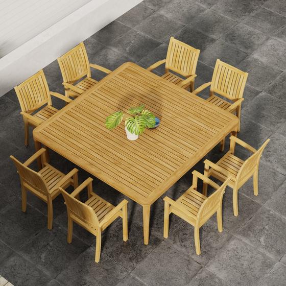 70896 Veranda Sussex Dining Set for 8 with a bowl and flower vase on table top on tiled patio in aerial view showing table top
