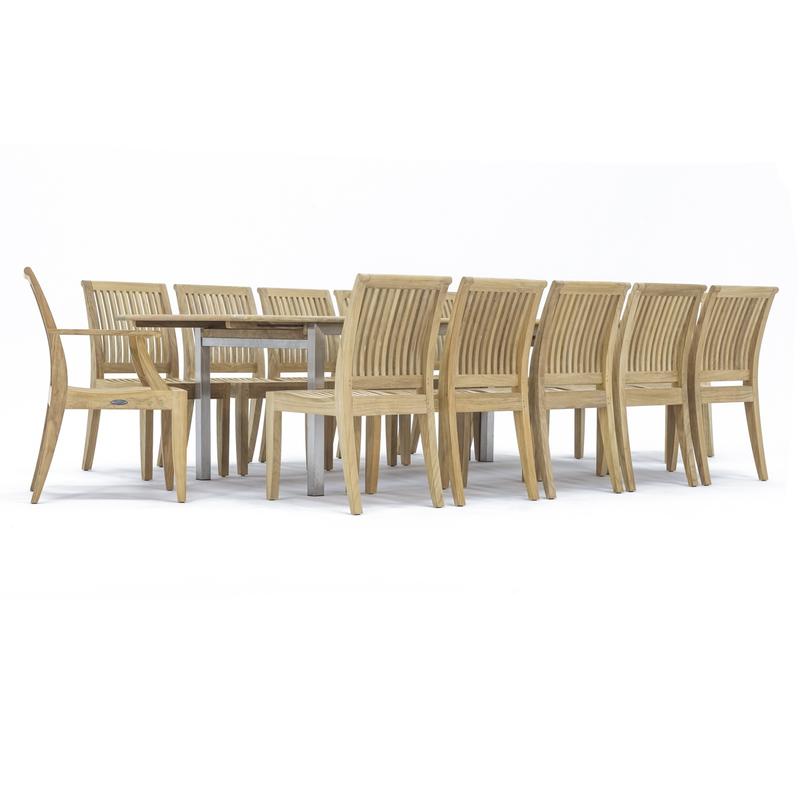 alt="70827 Grand Vogue Laguna 13 pc Dining Set of Vogue Grand Extending Rectangular Table and 10 Laguna Side Chairs and 2 Laguna Dining Chairs angled end side view on white background"