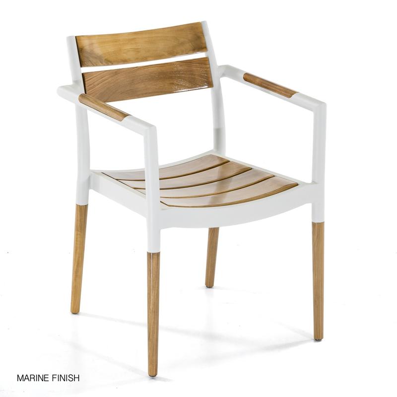 alt="70448 Bloom aluminum and teak dining chair in Marine finish angled front view on white background"