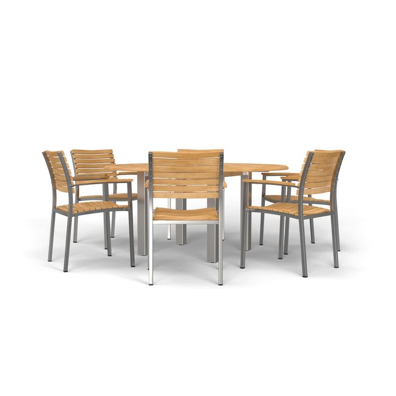alt="70442 Vogue Teak 7 pc Dining Set showing Vogue 60 inch Round Dining Table and 6 Dining Chairs in side view on white background"