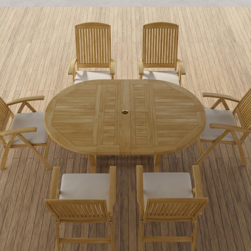 alt="70367 Martinique Barbuda Recliner Dining Set of Martinique Teak Oval Dining Table and 6 Barbuda Reclining dining chairs with optional seat cushions angled aerial view on patio "