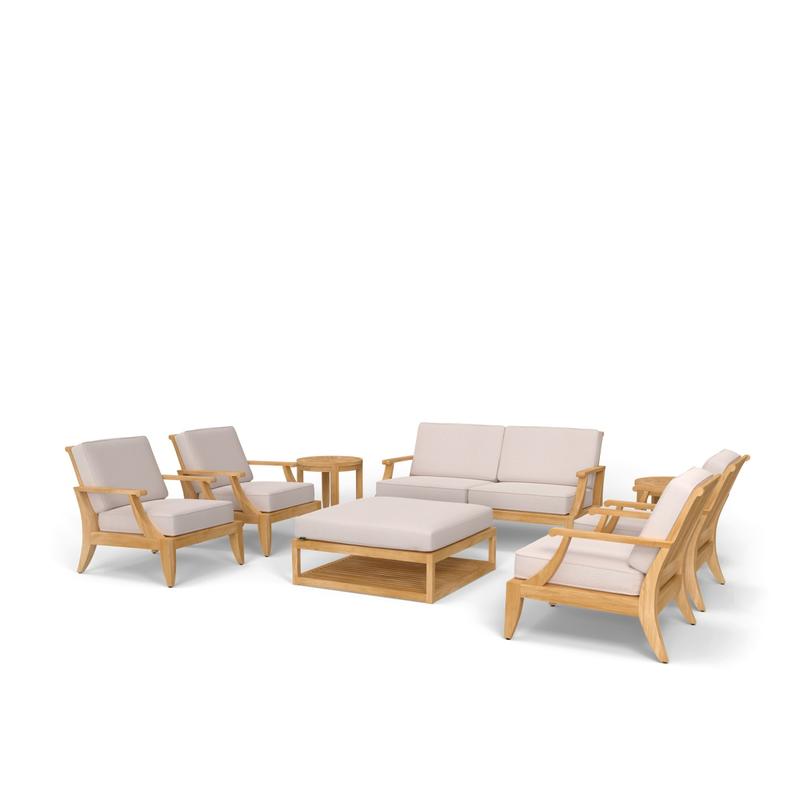 alt="70905 Laguna Maya 8 pc Sofa Set of Laguna Sofa and 4 Lounge Chairs and 2 Side Tables and Maya Coffee Ottoman Table in angled front view on white background"
