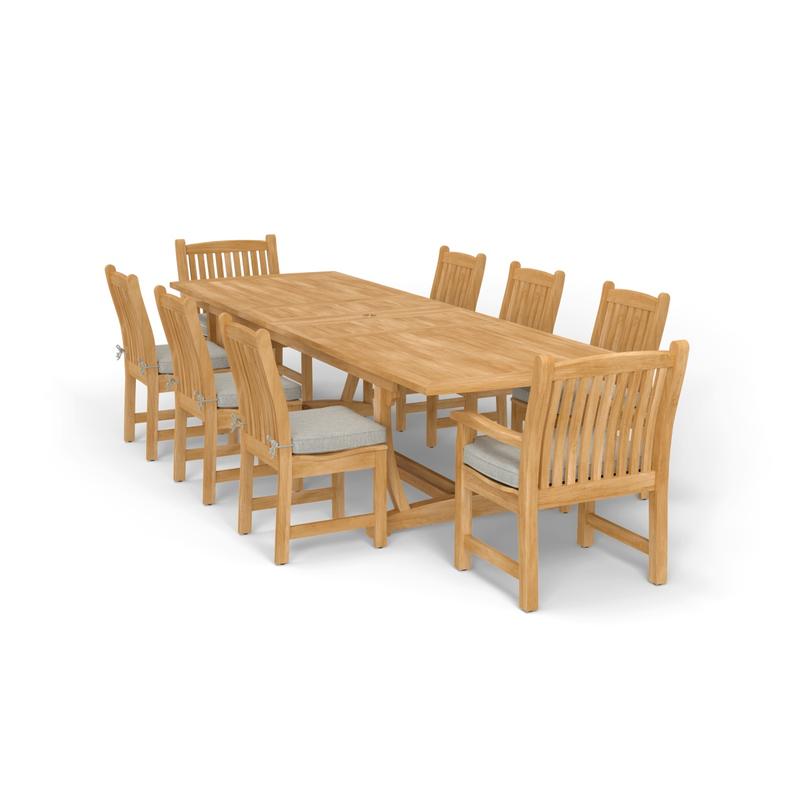 alt="70792 Veranda 9 pc Teak Dining Set showing Veranda Rectangular Dining Table and 2 Dining Armchairs and 6 Dining Side Chiars with optional seat cushions in angled end view on white background "