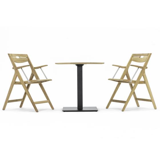 70221 Surf 3 pc Bistro Set of Vogue 30 inch Round Table and 2 Surf Folding Dining Arm Chairs side view on white background