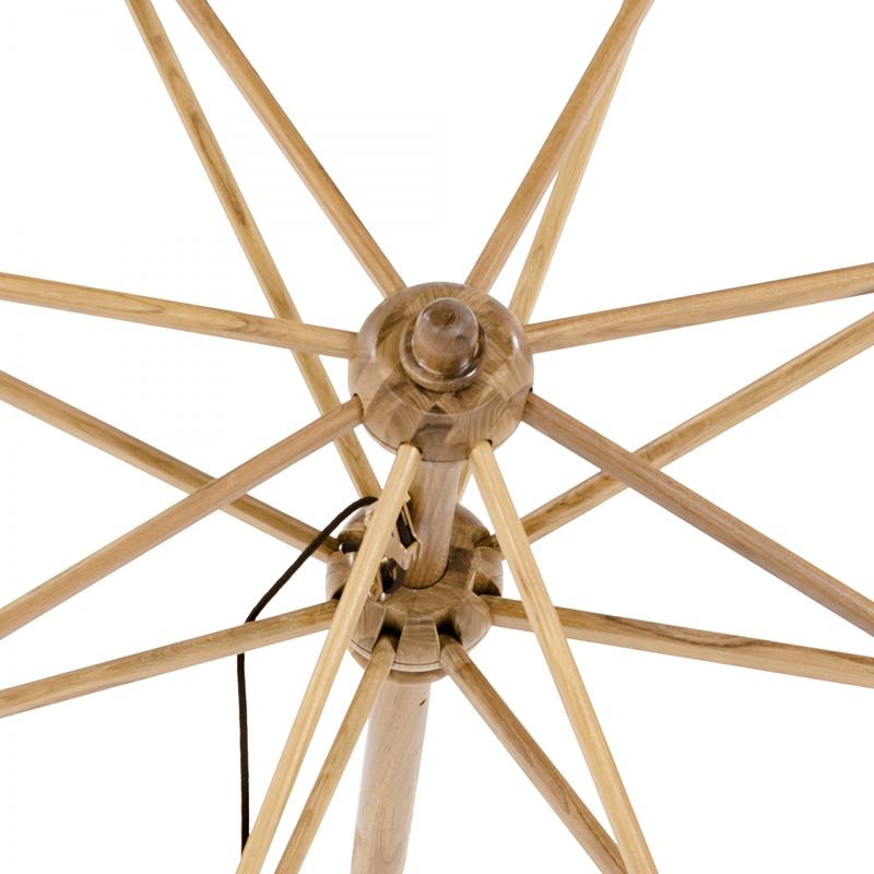alt="17540F Somerset 8 foot Round Umbrella teak frame top view showing extended teak arms stretchers shaft and ferrule on white background"