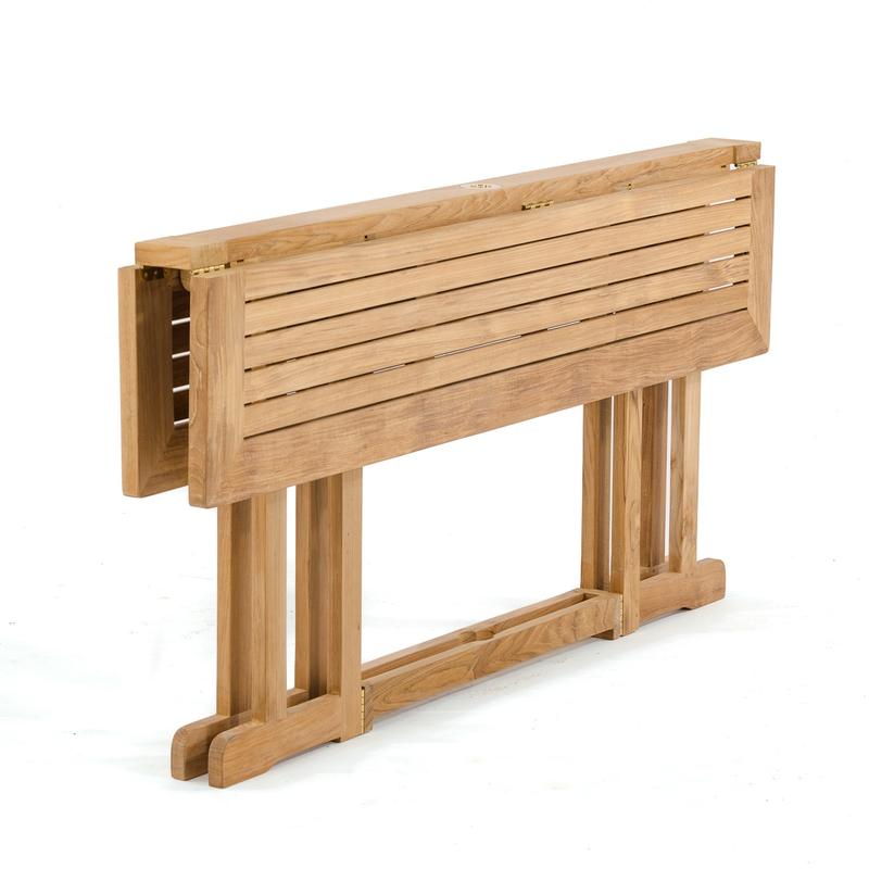 alt="70476 Odyssey 5 foot rectangular teak folding dining table angled view with both leaves folded down on white background"