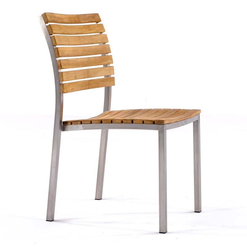 alt="21007 Vogue teak and stainless steel Side Chair angled side view on white background"