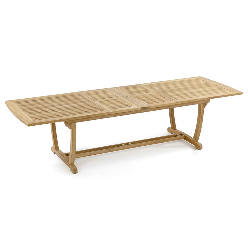 alt="70731 Surf Veranda teak rectangular table with two butterfly leaf extensions side angled on white background"