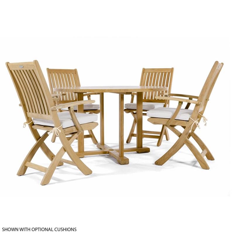alt="70536 Barbuda 5 piece Dining Set of 4 folding armchairs with optional seat cushions and a 48 inch diameter round dining table on white background"