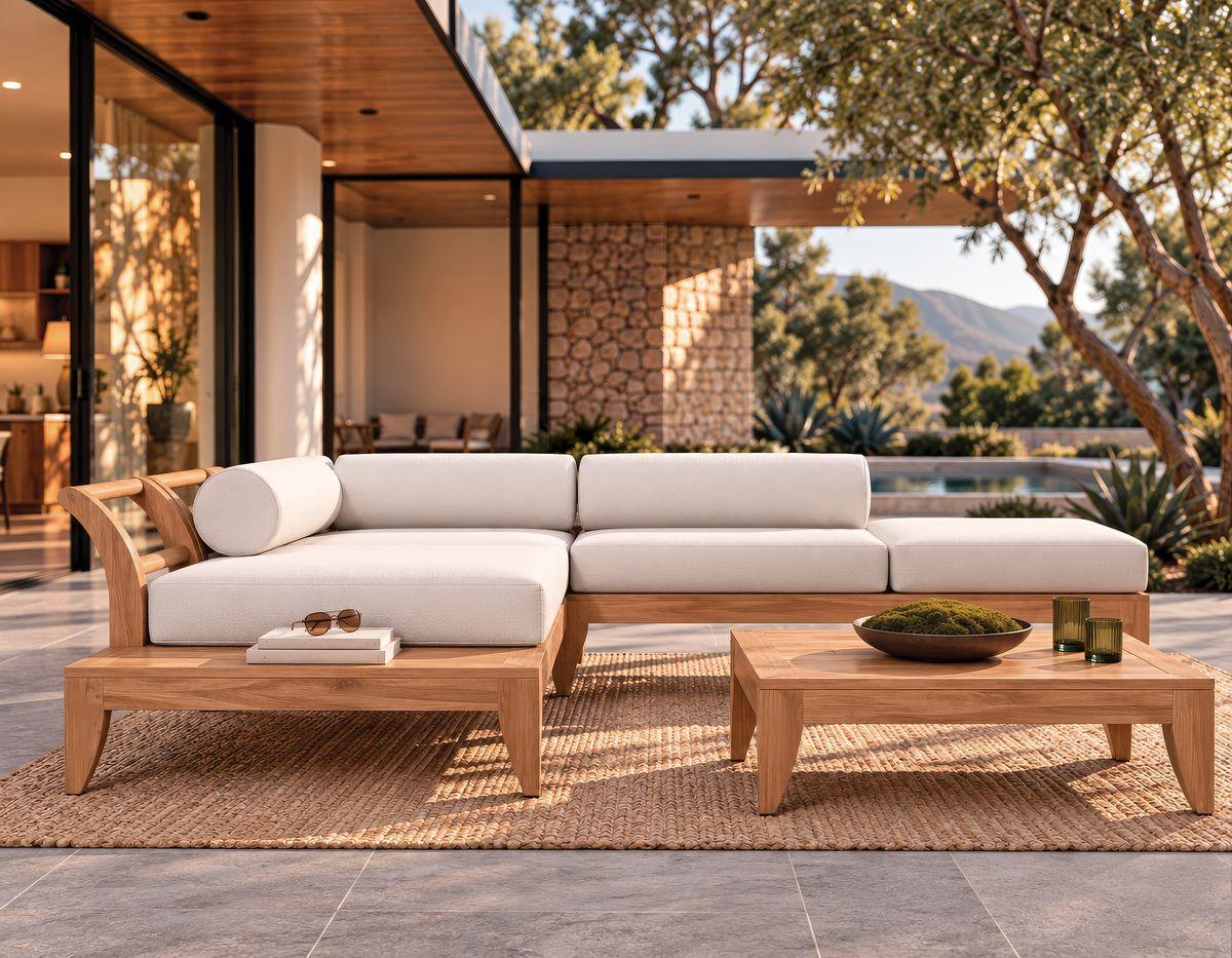 Aman Dais sectional and coffee table on a modern patio