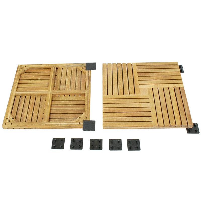 alt="70406 Parquet 10 pack Teak 18 inch Deck Tiles showing top and bottom views with connectors attached in corners with five connectors lined across bottom on white background"
