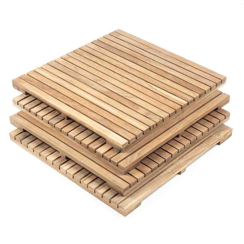 alt="18403 Callebotise Teak Floor Tile showing 4 tiles stacked angled on white background"