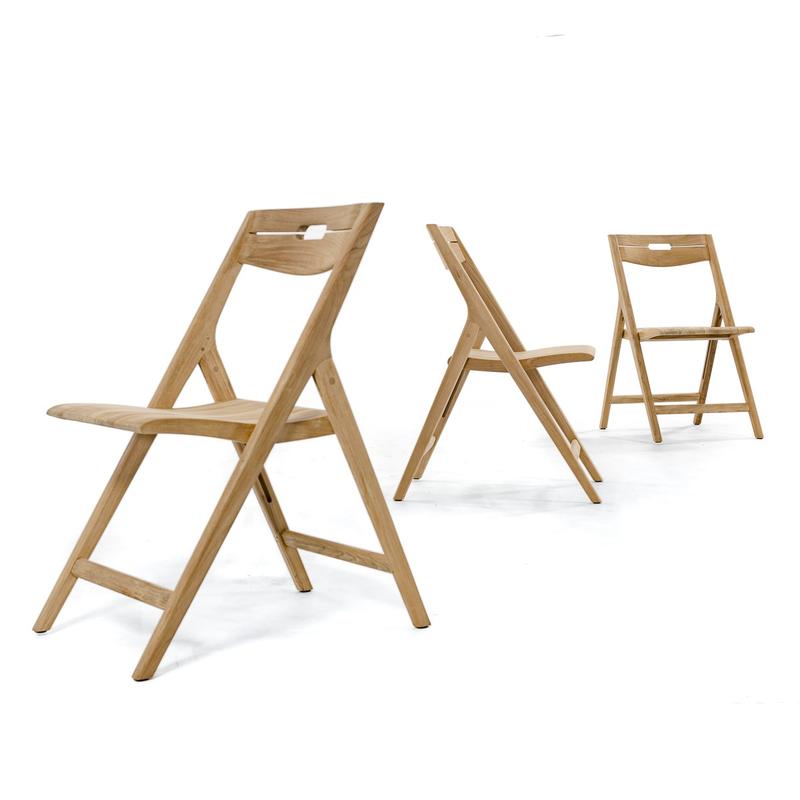 alt="70731 Surf Veranda teak folding dining chair showing 3 in rear view side view and front angled view"