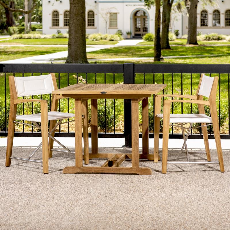 alt="square teakwood table and chair conversational patio set"