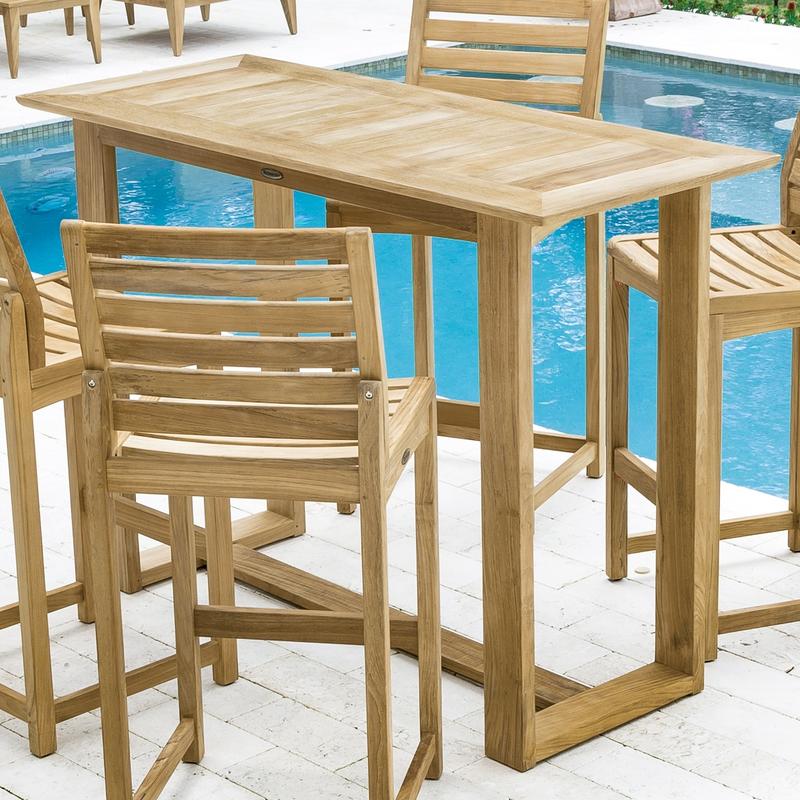 alt="70512 Somerset 5 piece teak Barstool and Bar Set closeup view of 4 barstools and teak table on concrete patio showing pool in background"