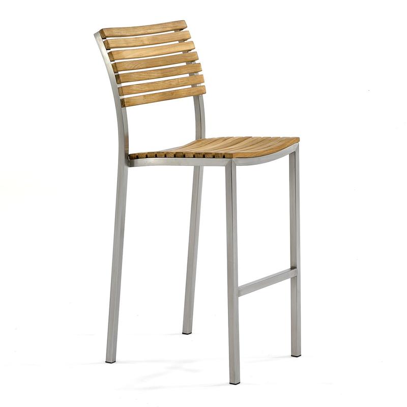alt="70075 Vogue teak and stainless steel bar stool right side angled view on white background"