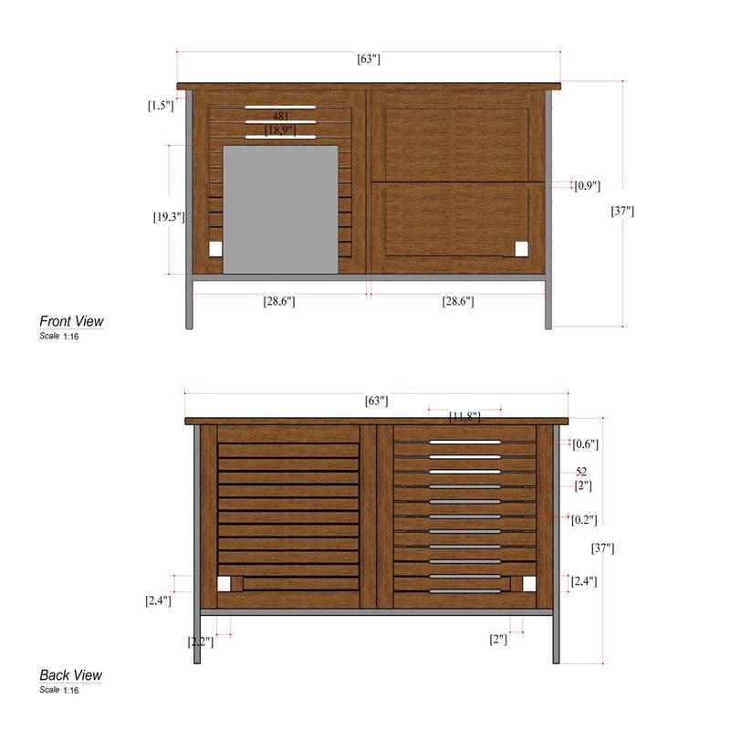 alt="28226 Vogue Teak and Stainless Steel Beverage Console showing autocad of front and back view showing space for a beverage refrigerator on white background"