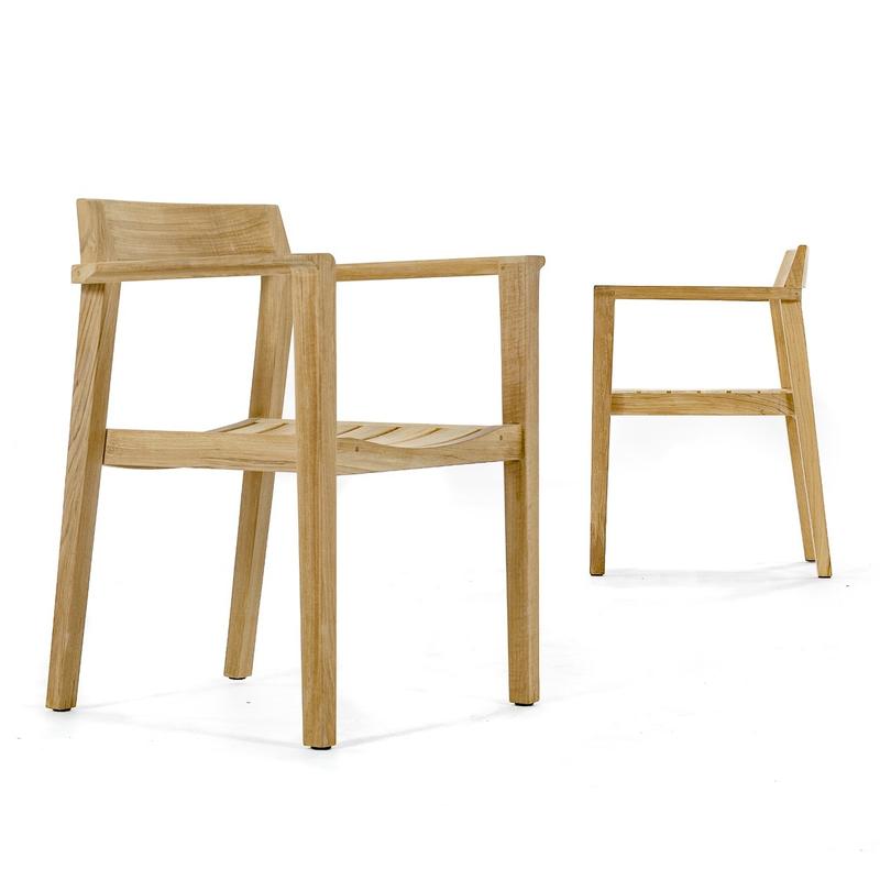 alt="12901 Horizon Teak Dining Armchair showing 2 Arnchairs with one side angled and the other side profiled on white background"