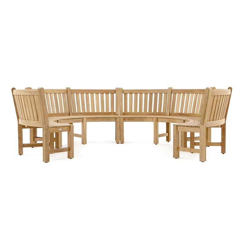 alt="70862 Buckingham teak 6ft curved bench set of 4 together in 3 quarter circle side view on white background"