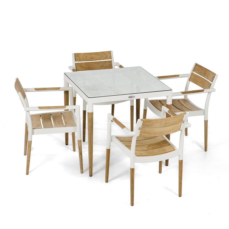 alt="70448 Bloom 5 piece Dining Set of a 32 inch square teak and powder coated aluminum dining table with glass top and 4 dining armchairs on white background"