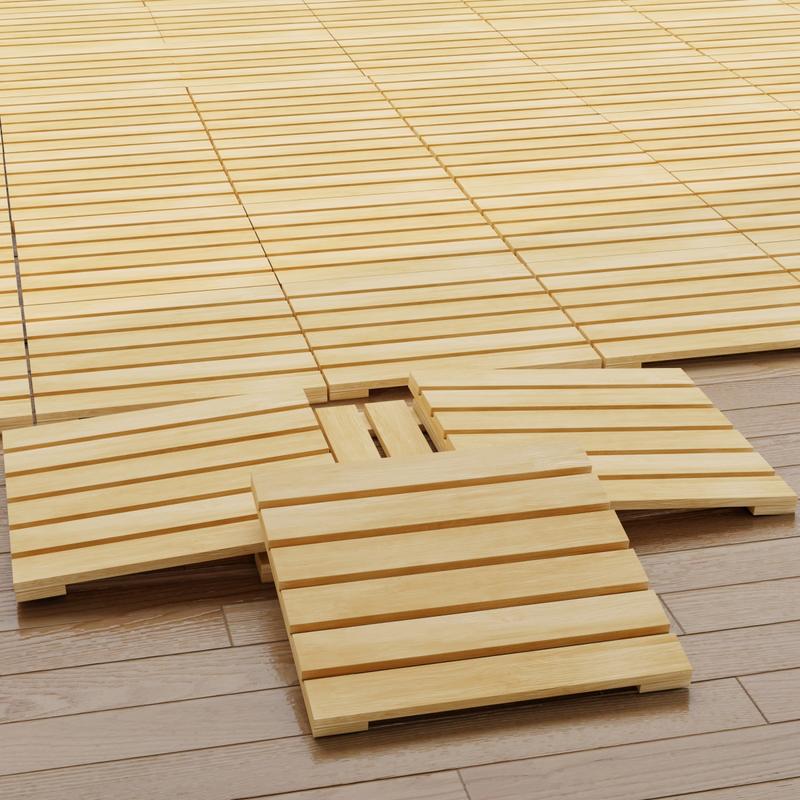 alt="18490 Callebotise Teak Floor Tiles showing angled closeup view of teak tiles on a floor"