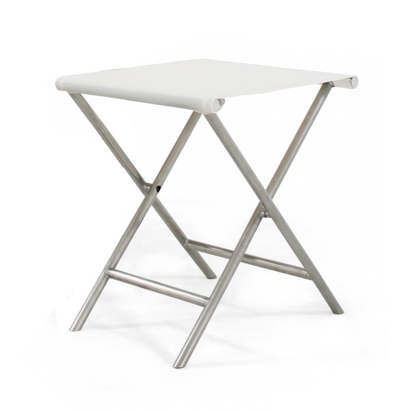 alt="70460 Odyssey teak and stainless steel Folding Side Table angled on white background"