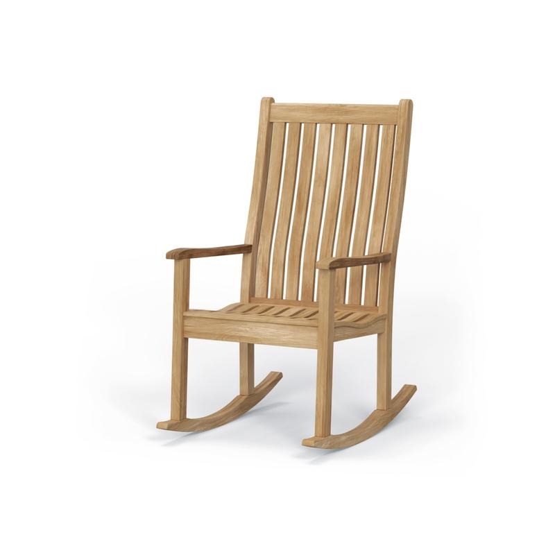 alt="12223 veranda teak rocking chair  with throw pillow on seat on porch next to front door with lantern and plant in white container on right side in angle view with house in background"