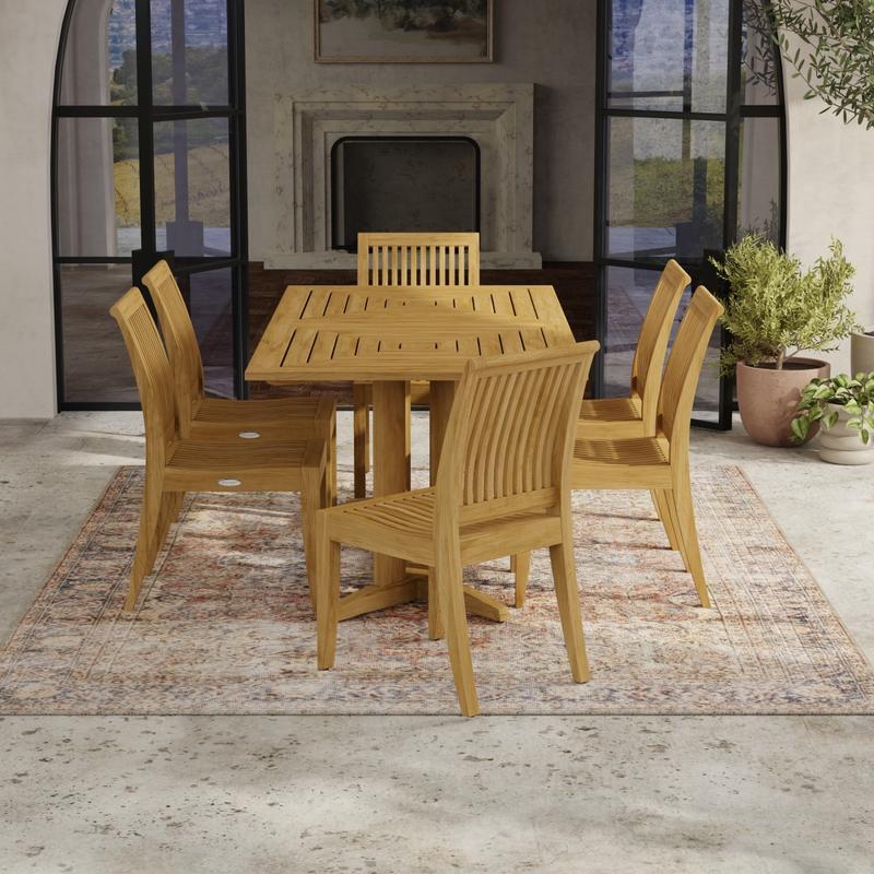alt="70293 Pyramid 7 piece teak Dining Set with teak protector finish angled end view on white background"