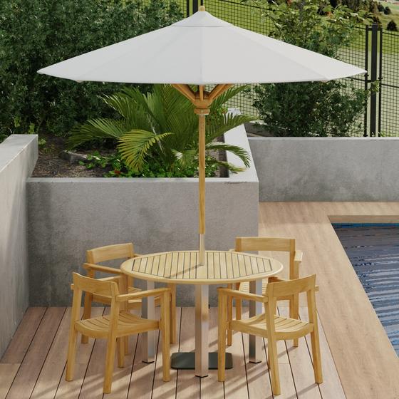 70478 Vogue Horizon Dining Set with optional opened umbrella on patio with privacy wall lined with plants next to pool in background