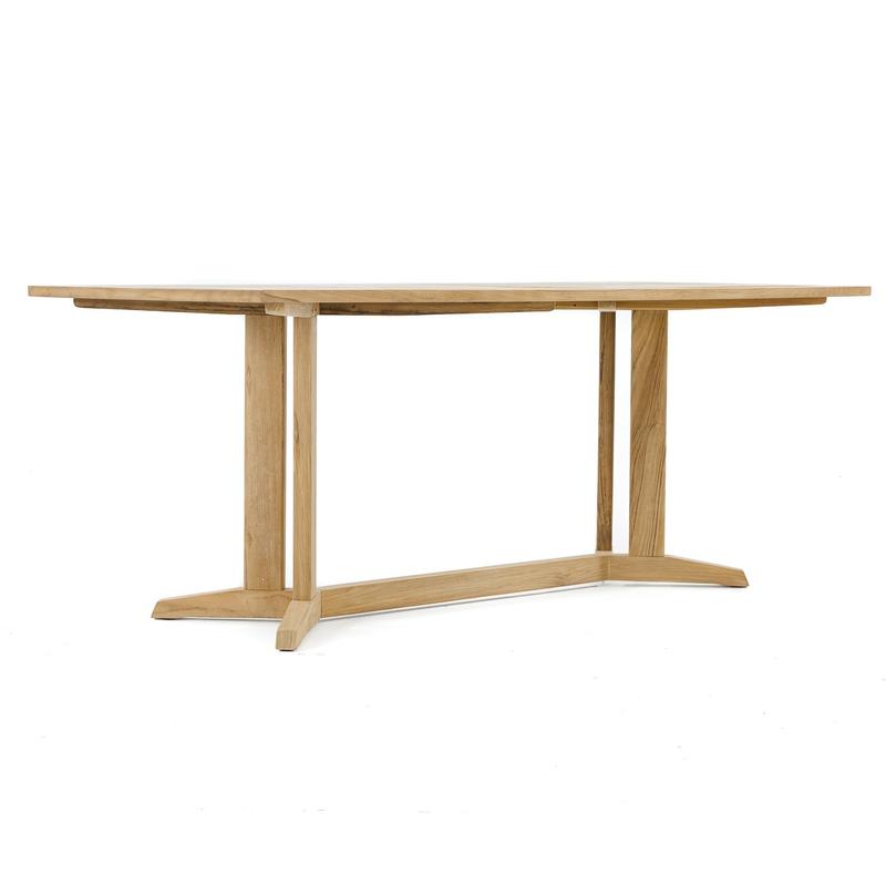 alt="15816 Pyramid Teak 6 foot rectangular dining table angled side view on white background"