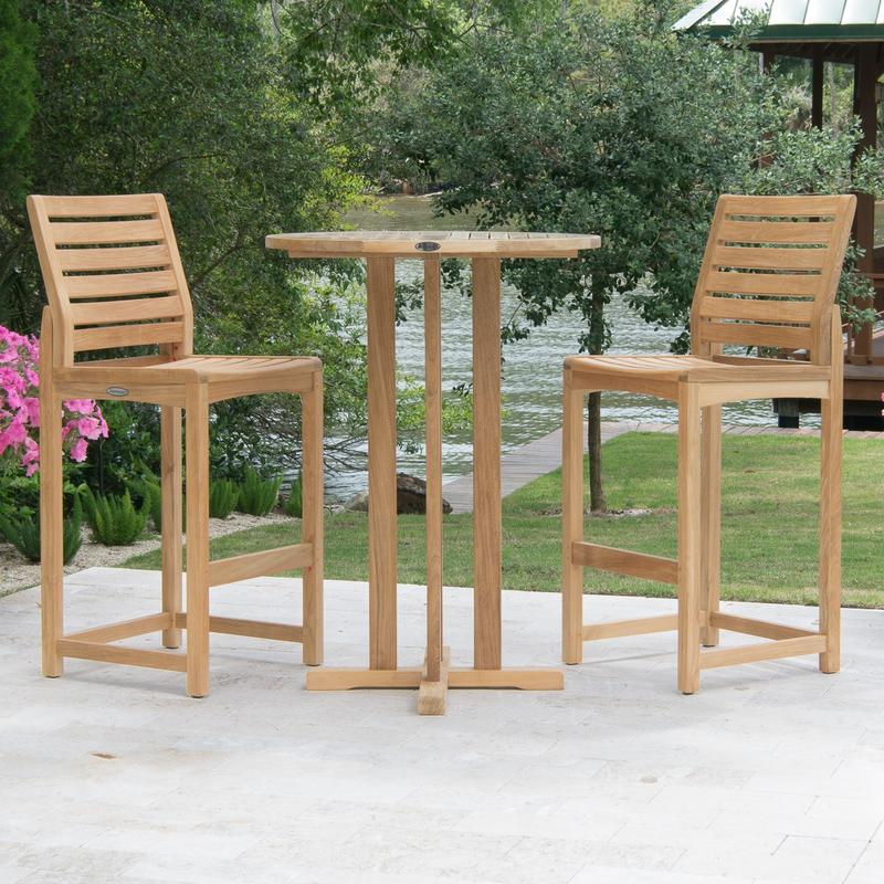 alt="70499 Somerset 3 piece Bistro Bar Set on concrete patio with lake trees and boat dock in background"