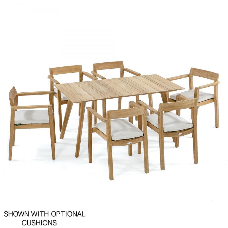 alt="70524 Surf Horizon teak 7 pc rectangular Dining Set with optional canvas colored seat cushions angled aerial view on white background"