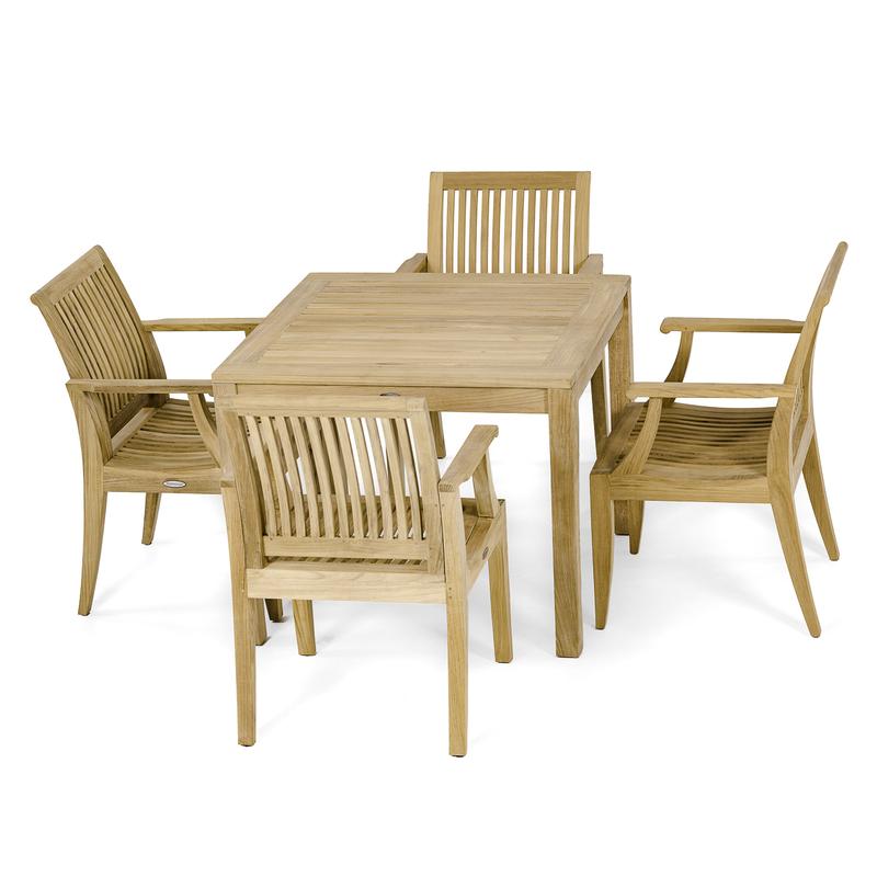 alt="70555 Laguna 5 pc Square Dining Set of Bistro 36 inch Square Teak Dining Table and 4 Laguna Dining Armchairs in angled view of table top on white background "