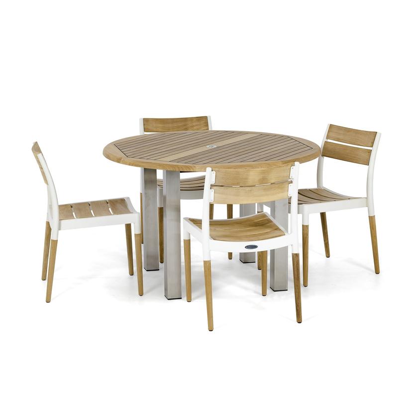 alt="70622 Vogue Bloom teak and powder coated aluminum Dining Set angled aerial view on white background"