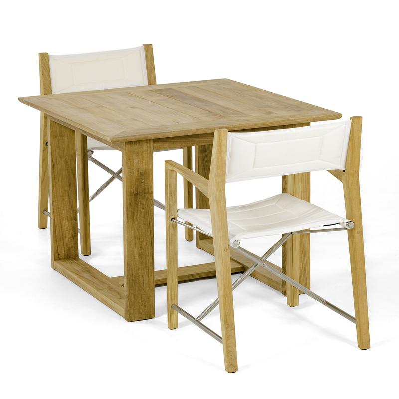 alt="70618 Horizon Odyssey Folding Chair Set of 2 Odyssey Folding Side Chairs and 39 inch square teak table on white background"