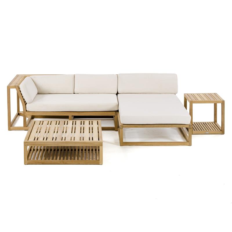alt="70658 Maya 4pc Lounge Set with cushions showing right side sofa teak chaise coffee table end table front facing on white background"
