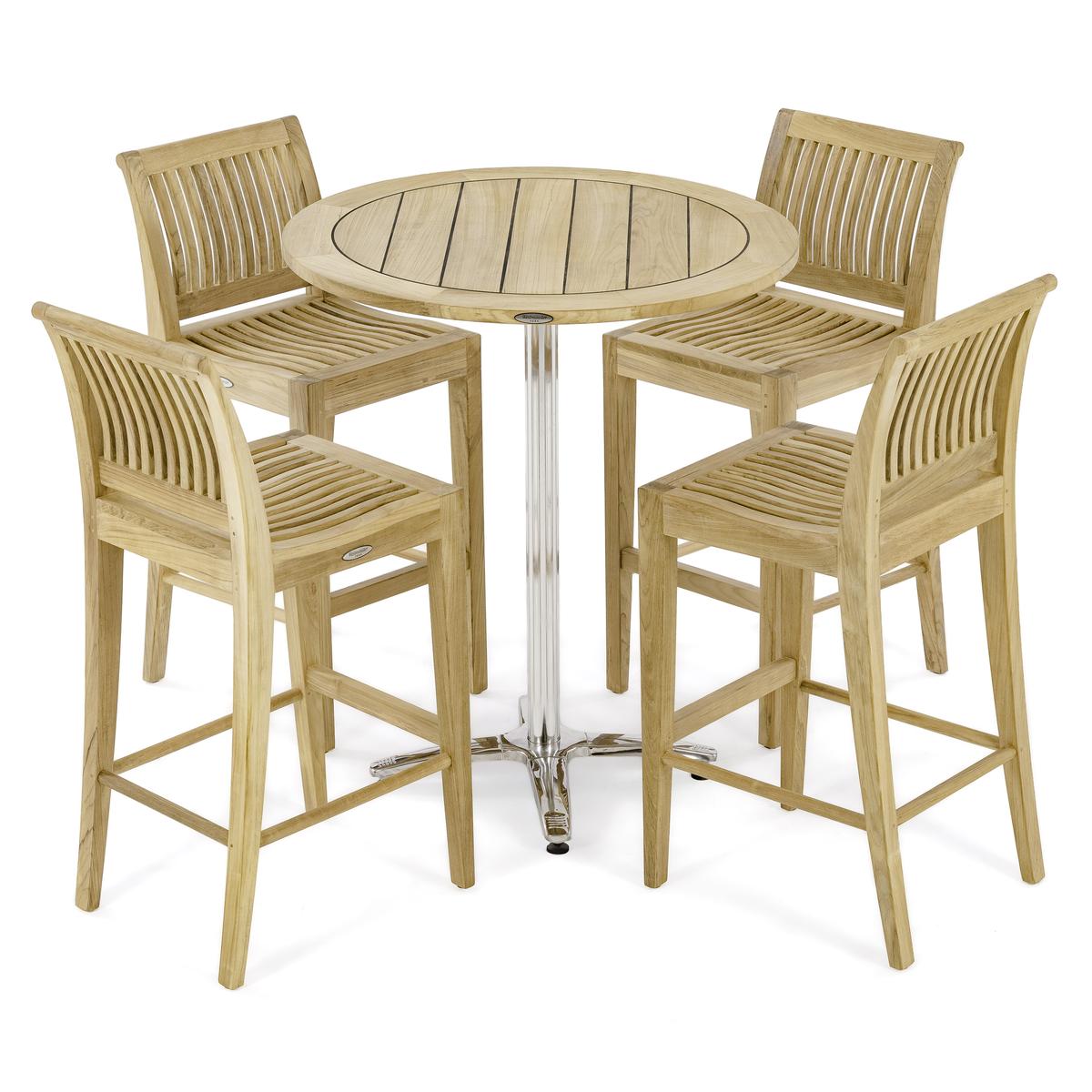 70814 Vogue Laguna 5 piece 36 inch Round Stainless Steel and Teak High Bar Set aerial angled view of 4 Laguna Bar Stools and 36 inch Round High Bar Table on white background