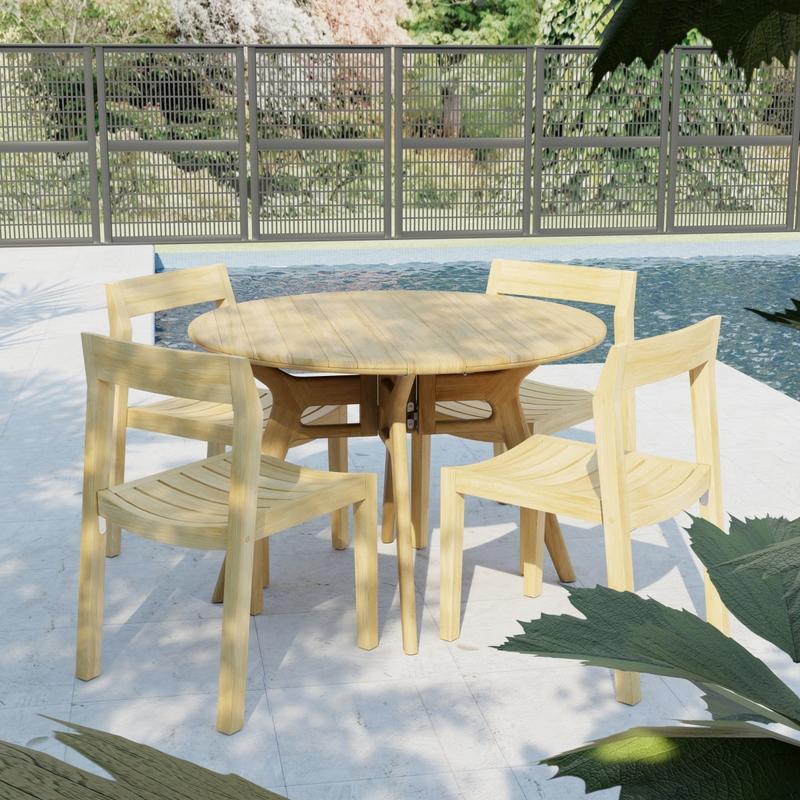 alt="70355 Horizon Surf 5 pc Cafe Dining Set in angled side view on stone patio with pool and fence and landscape trees in the background"