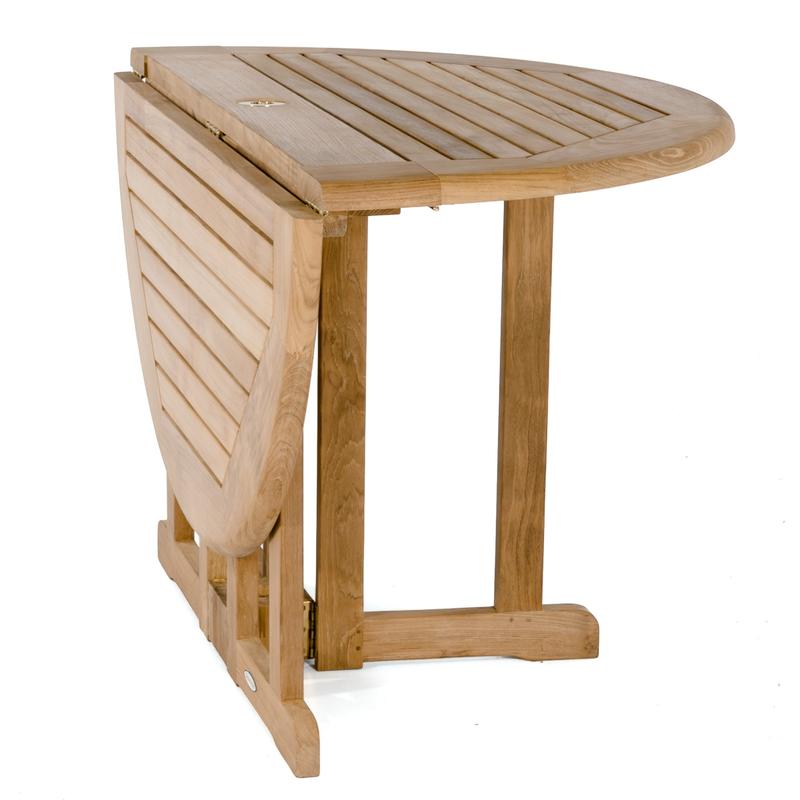 alt="70608 Barbuda Horizon teak folding round 48 inch dining table with one side folded down on white background"