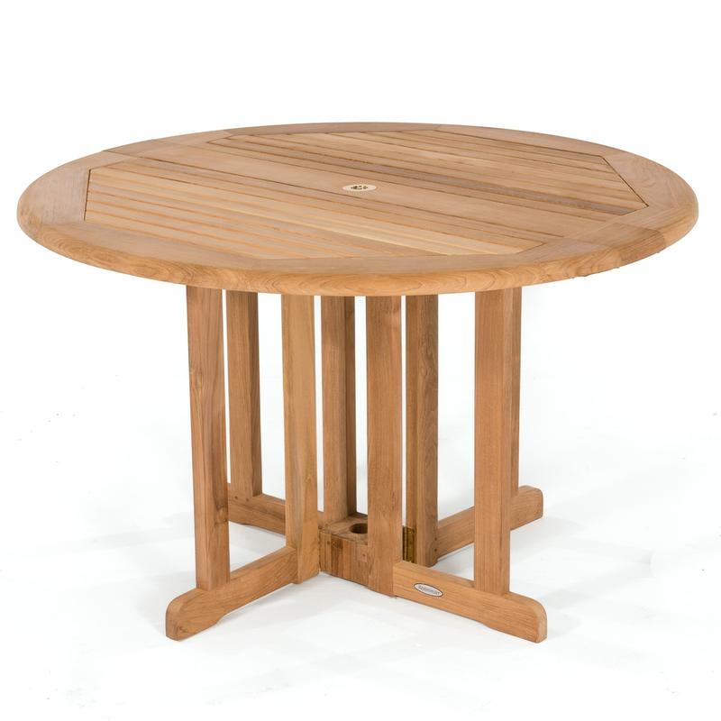 alt="70036 Barbuda teak 48 inch diameter round folding table angled top view on white background"