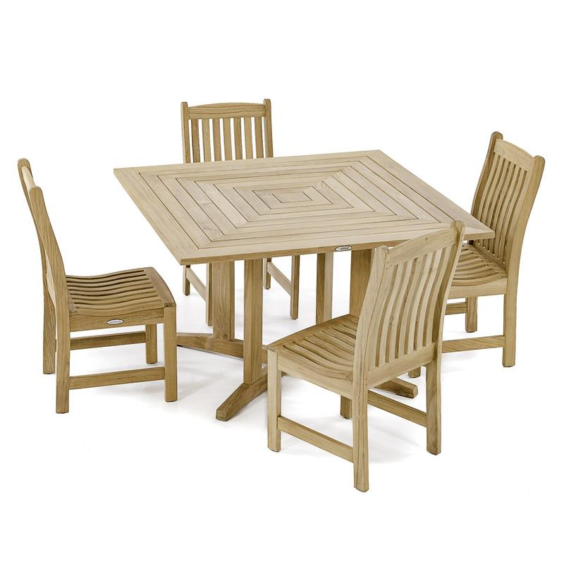 alt="70709 Veranda Pyramid 5 piece Bistro Dining Set of 4 teak side chairs and teak 48 inch square dining table angled on white background"