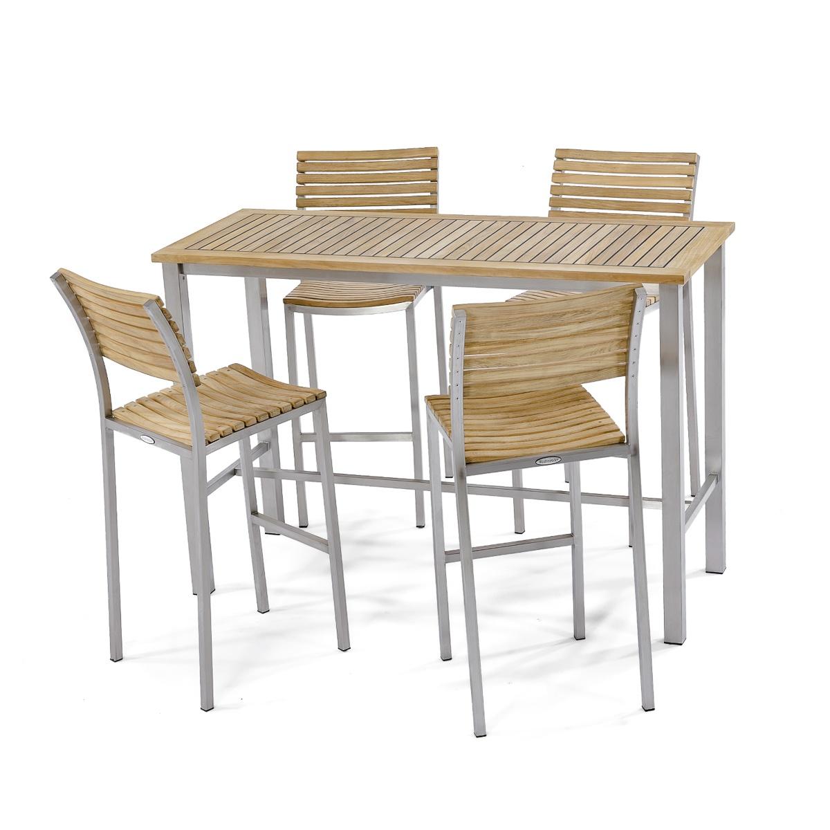 70076 Vogue 5 piece Rectangular Bar Set of 4 teak and stainless steel chairs and rectangular table on white background