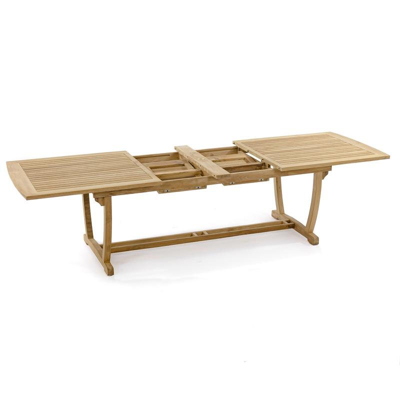 alt="15585 Grand Veranda Teak Extending Rectangular Dining Table showing double butterfly leaf in table angled on white background"